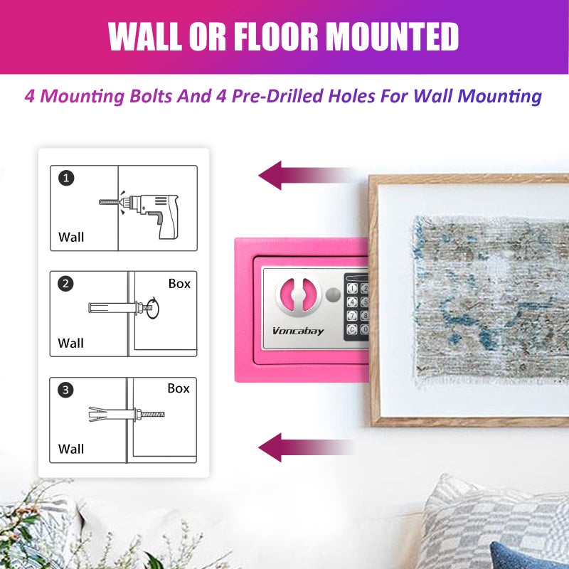 Voncabay Cute Money Safe Box for Home with Sensor Light & Fireproof Money Bag for Cash Safe  Security Safe Box for Money Safe with Keys & Pass Code  Lock Box Fireproof Pink Safe with Digital Keypad - Image 4